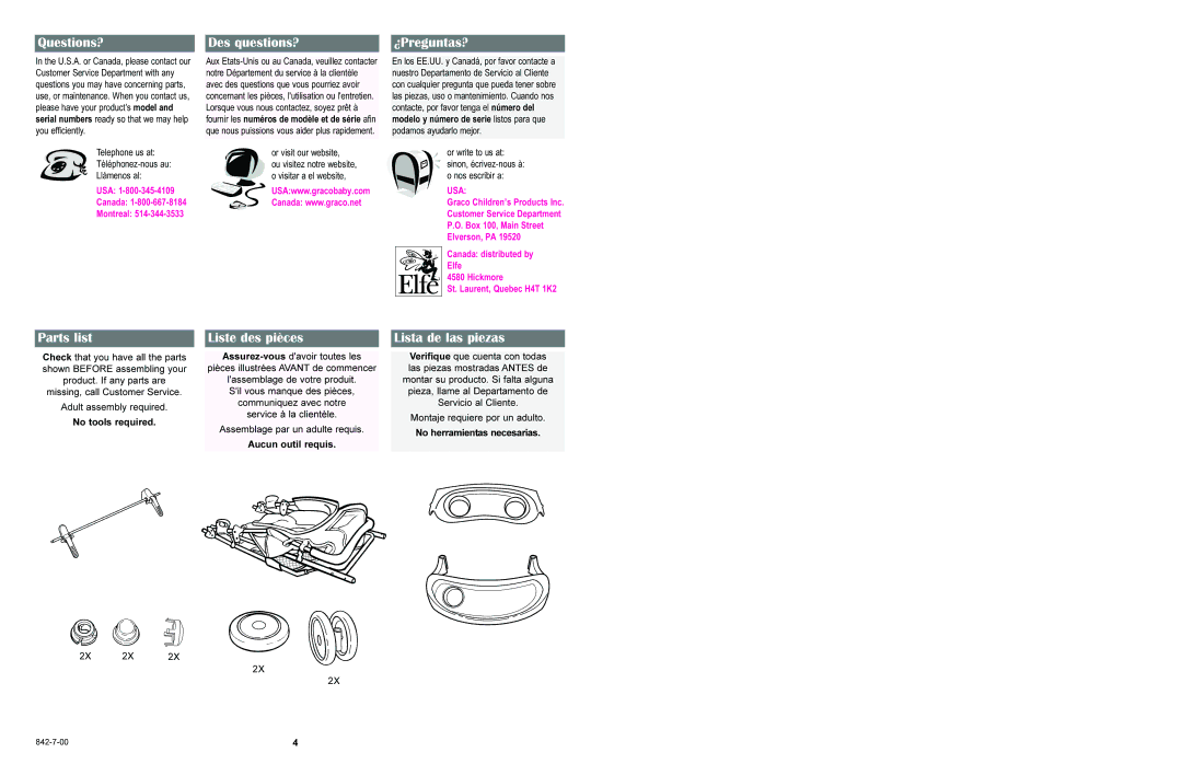 Graco L6830, L6820 manual Questions?, Parts list, Des questions?, Liste des pièces, ¿Preguntas?, Lista de las piezas 