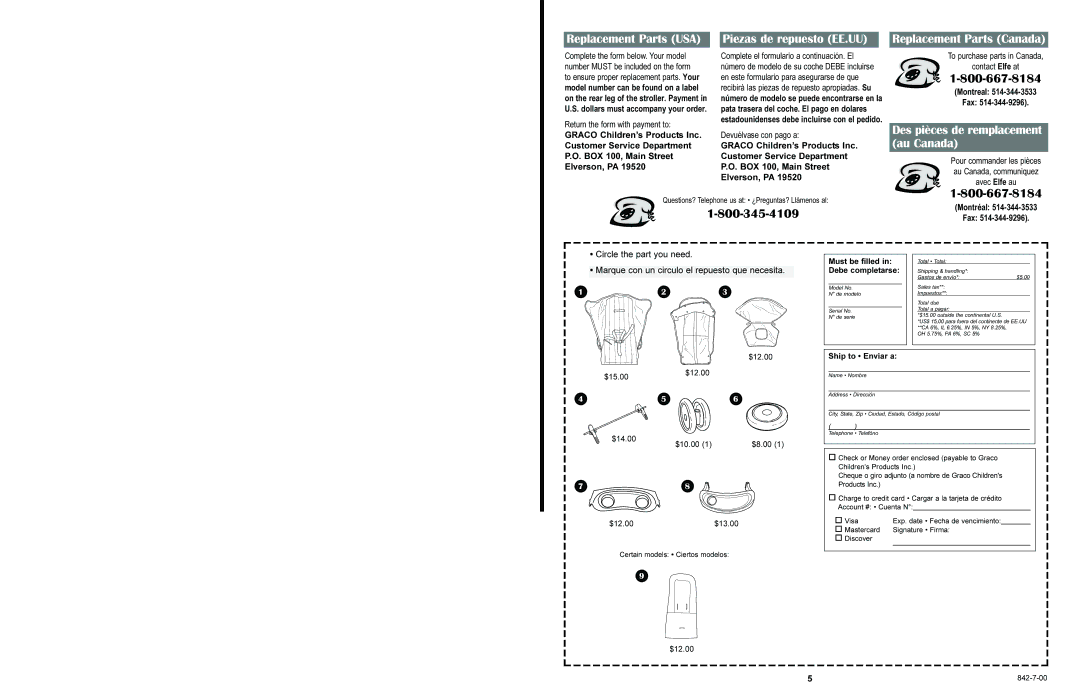 Graco L6820, L6830 manual Replacement Parts USA, Piezas de repuesto EE.UU 