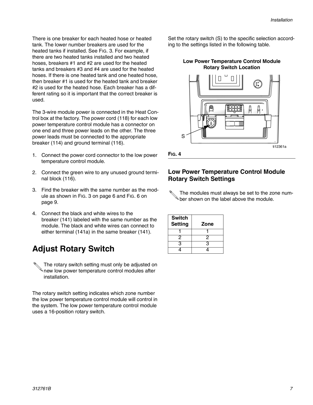 Graco LC0252 Adjust Rotary Switch, Low Power Temperature Control Module Rotary Switch Location, Switch Setting Zone 