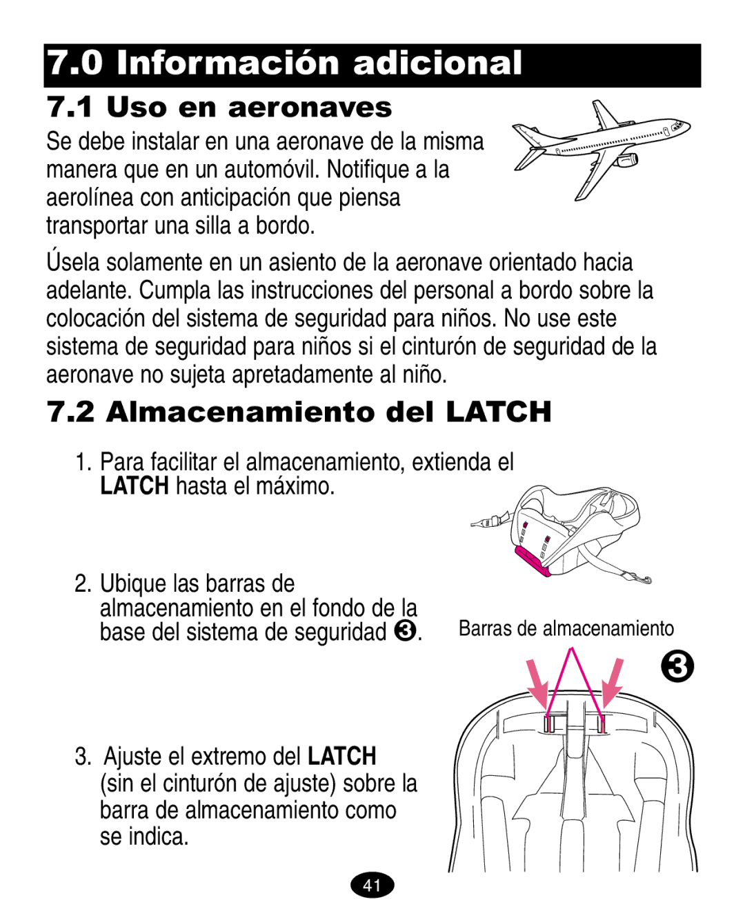 Graco LiteRiders manual Información adicional, Uso en aeronaves, Almacenamiento del Latch 