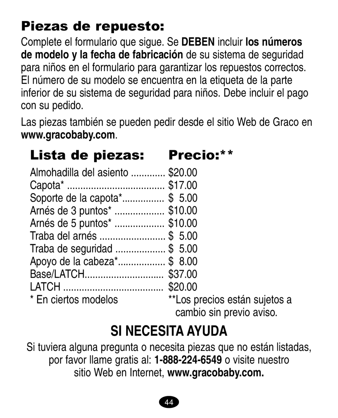 Graco LiteRiders manual Piezas de repuesto, Lista de piezas Precio, En ciertos modelos 