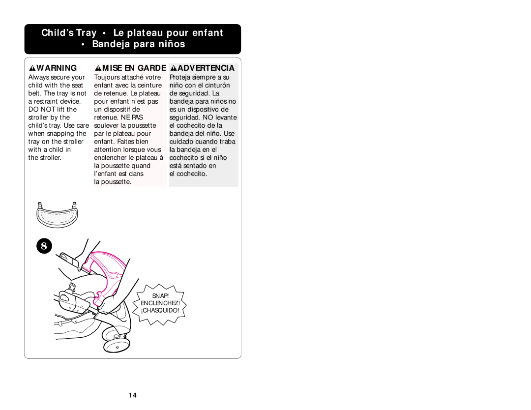 Graco LiteRiders manual Child’s Tray Le plateau pour enfant Bandeja para niños, Advertencia 