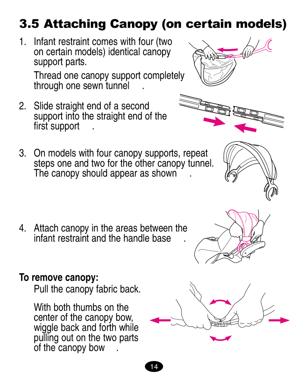 Graco LiteRiders manual Attaching Canopy on certain models, To remove canopy, Pull the canopy fabric back 