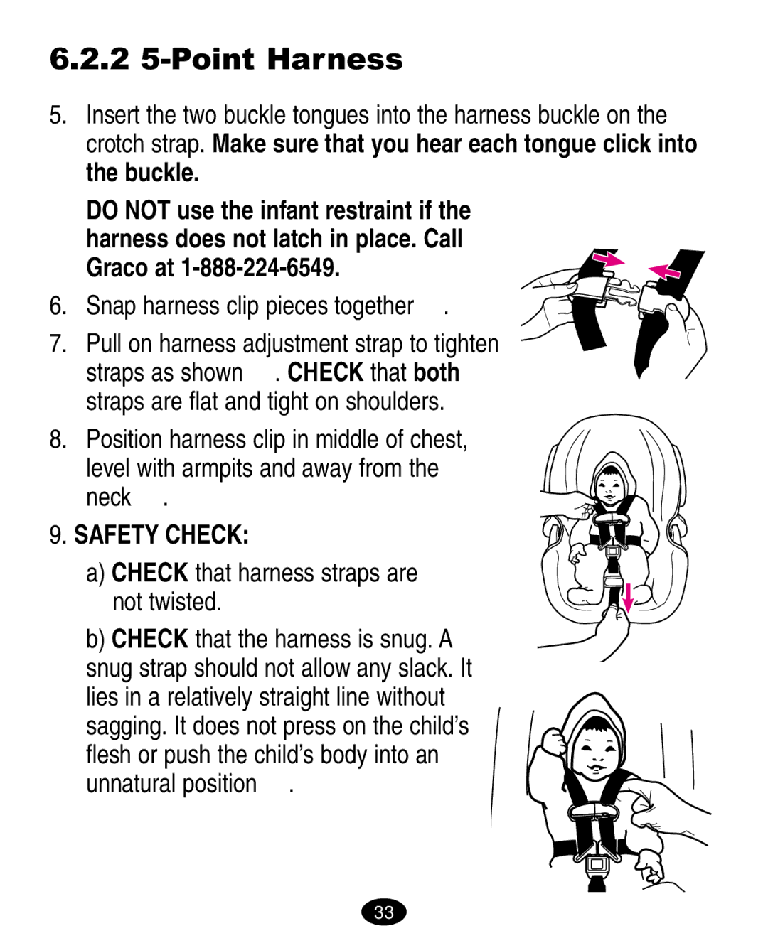 Graco LiteRiders manual 2 5-Point Harness, Snap harness clip pieces together  