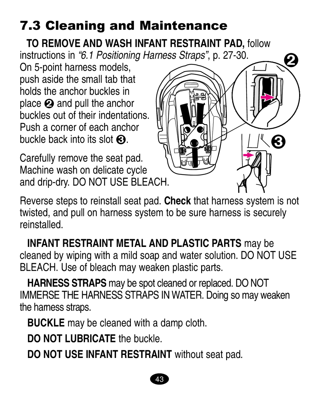 Graco LiteRiders manual Cleaning and Maintenance, On 5-point harness models 