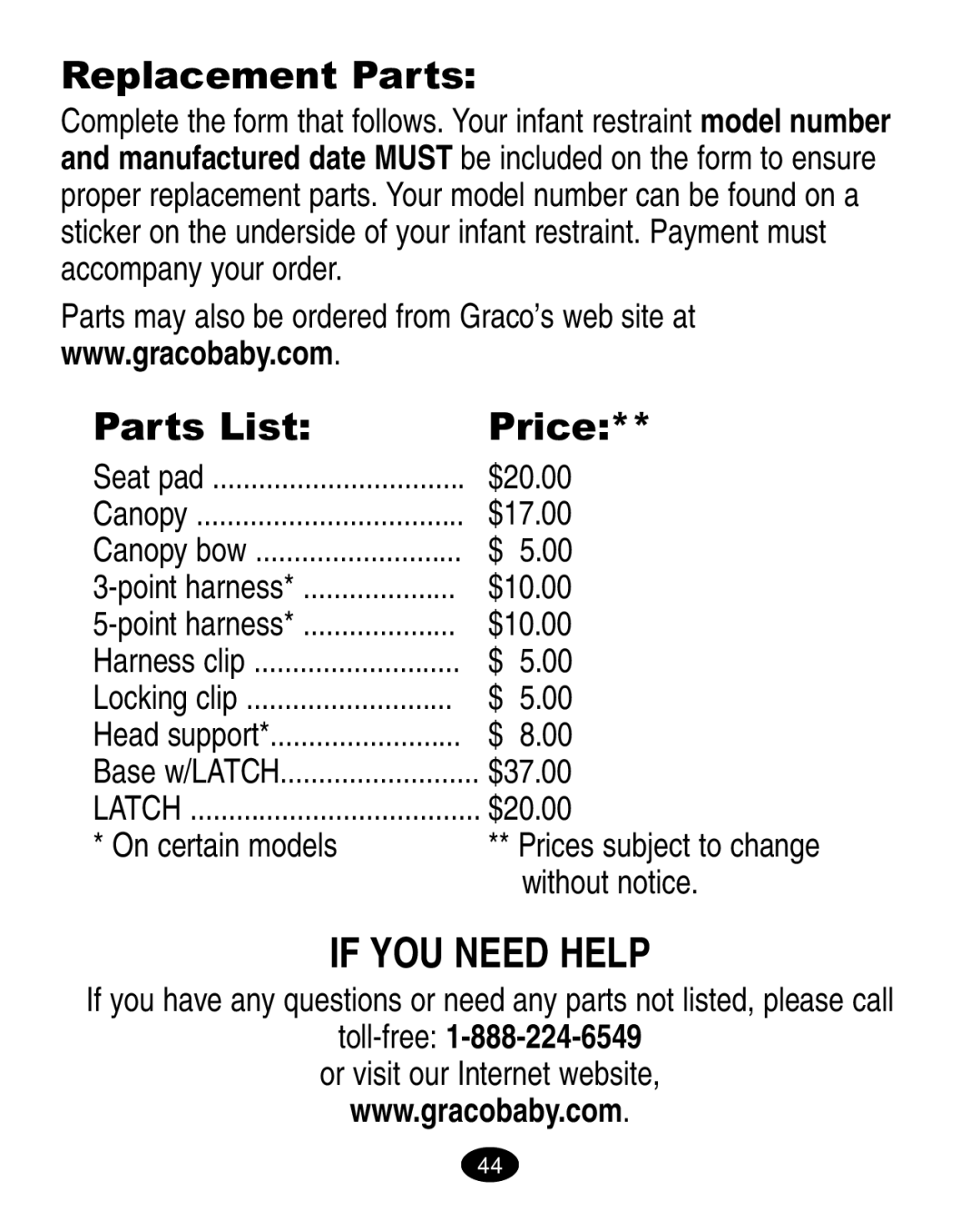 Graco LiteRiders manual Replacement Parts, Parts List Price, On certain models, Toll-free1-888-224-6549 