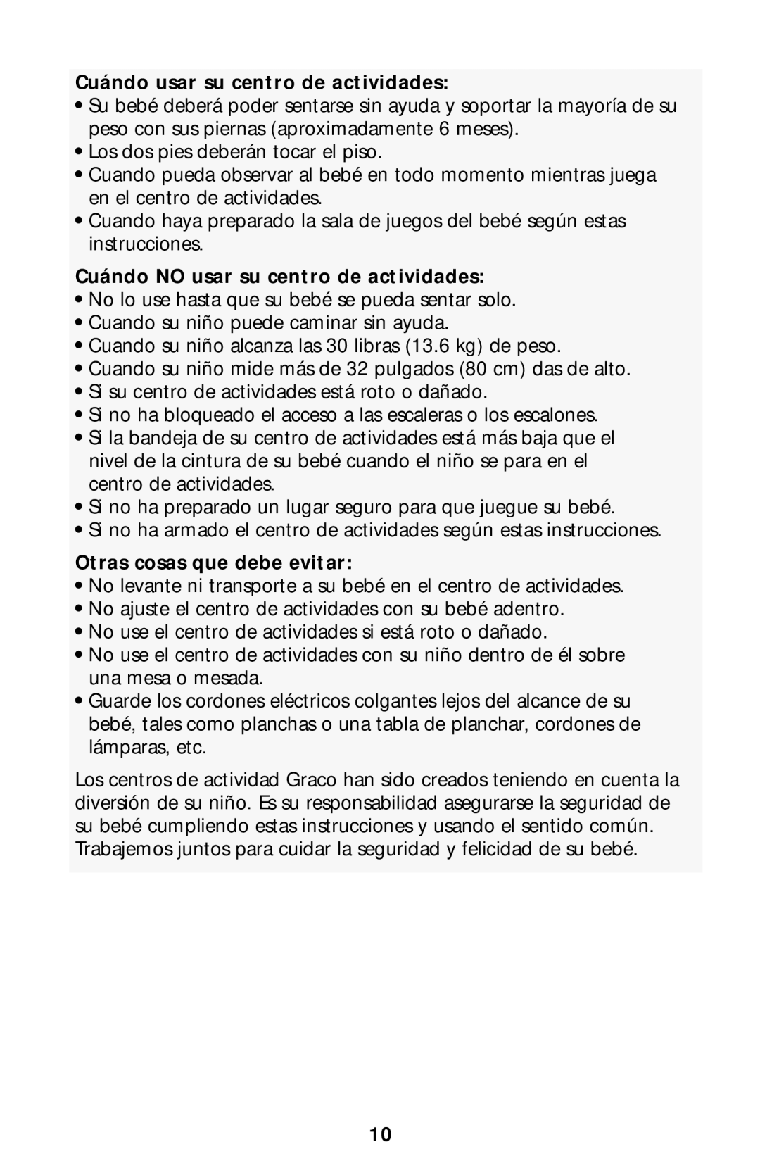 Graco little tikes manual Cuándo usar su centro de actividades, Cuándo no usar su centro de actividades 