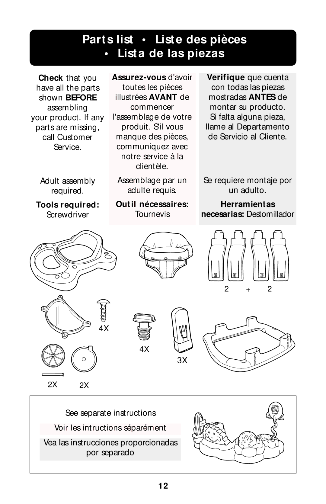 Graco little tikes manual Parts list Liste des pièces Lista de las piezas, Assurez-vous davoir Verifique que cuenta 