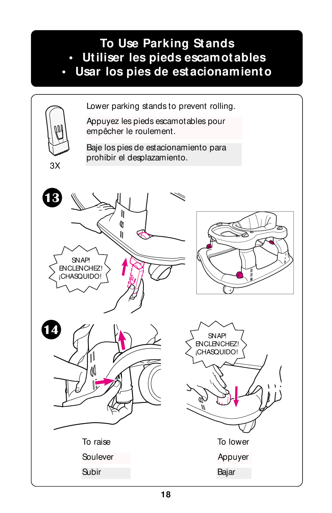 Graco little tikes manual To raise To lower Soulever Appuyer Subir Bajar 