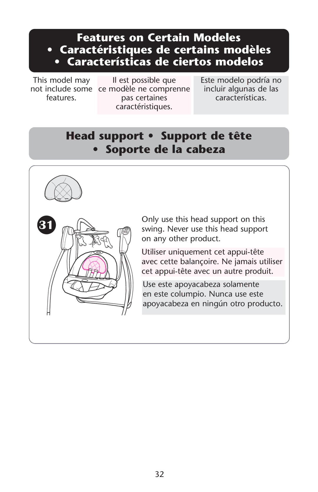 Graco Lovin' Hug Swing manual Head support Support de tête Soporte de la cabeza 