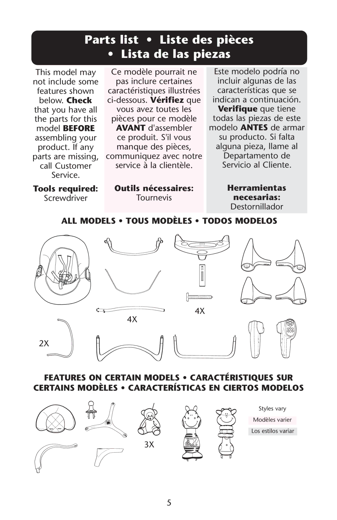 Graco Lovin' Hug Swing manual Parts list Liste des pièces Lista de las piezas, ALL Models Tous Modèles Todos Modelos 