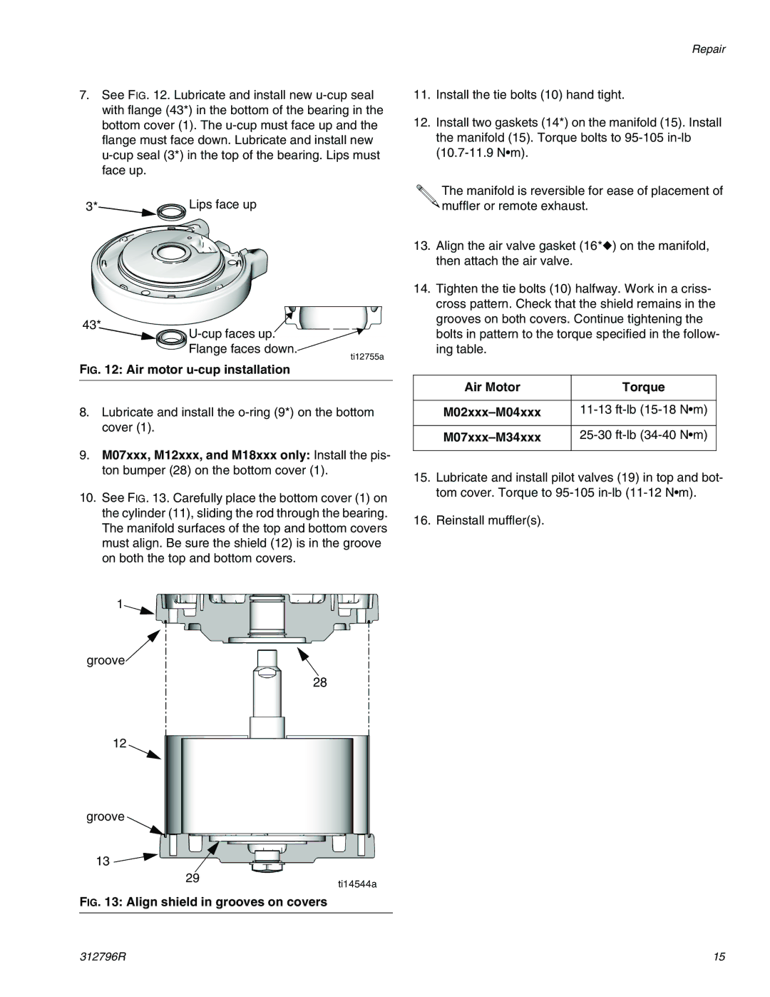 Graco M02xxx, M34xxx, M18xxx, M04xxx, M12xxx, M07xxx Air motor u-cup installation, Air Motor Torque 