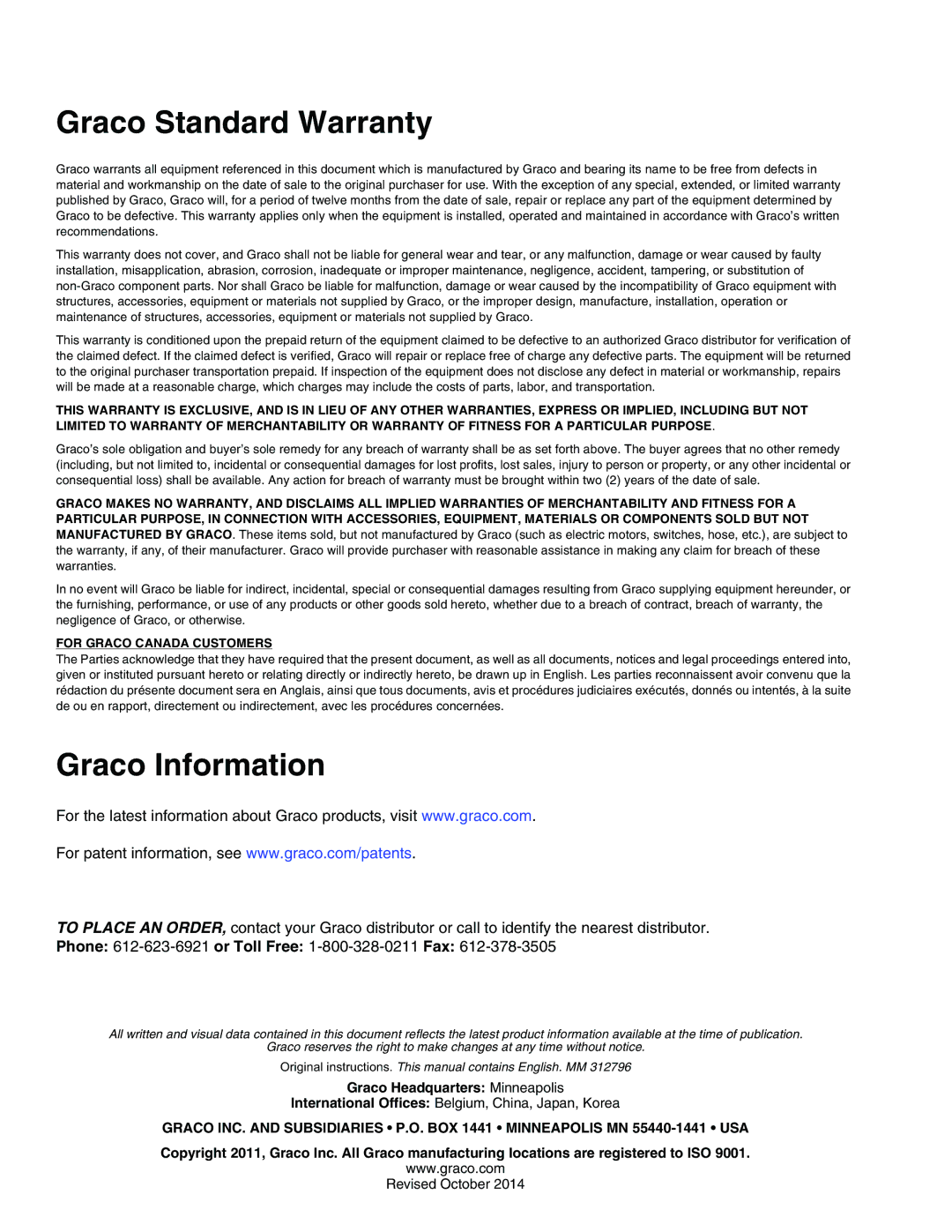 Graco M04xxx, M34xxx, M18xxx, M02xxx, M12xxx, M07xxx important safety instructions Graco Standard Warranty, Graco Information 