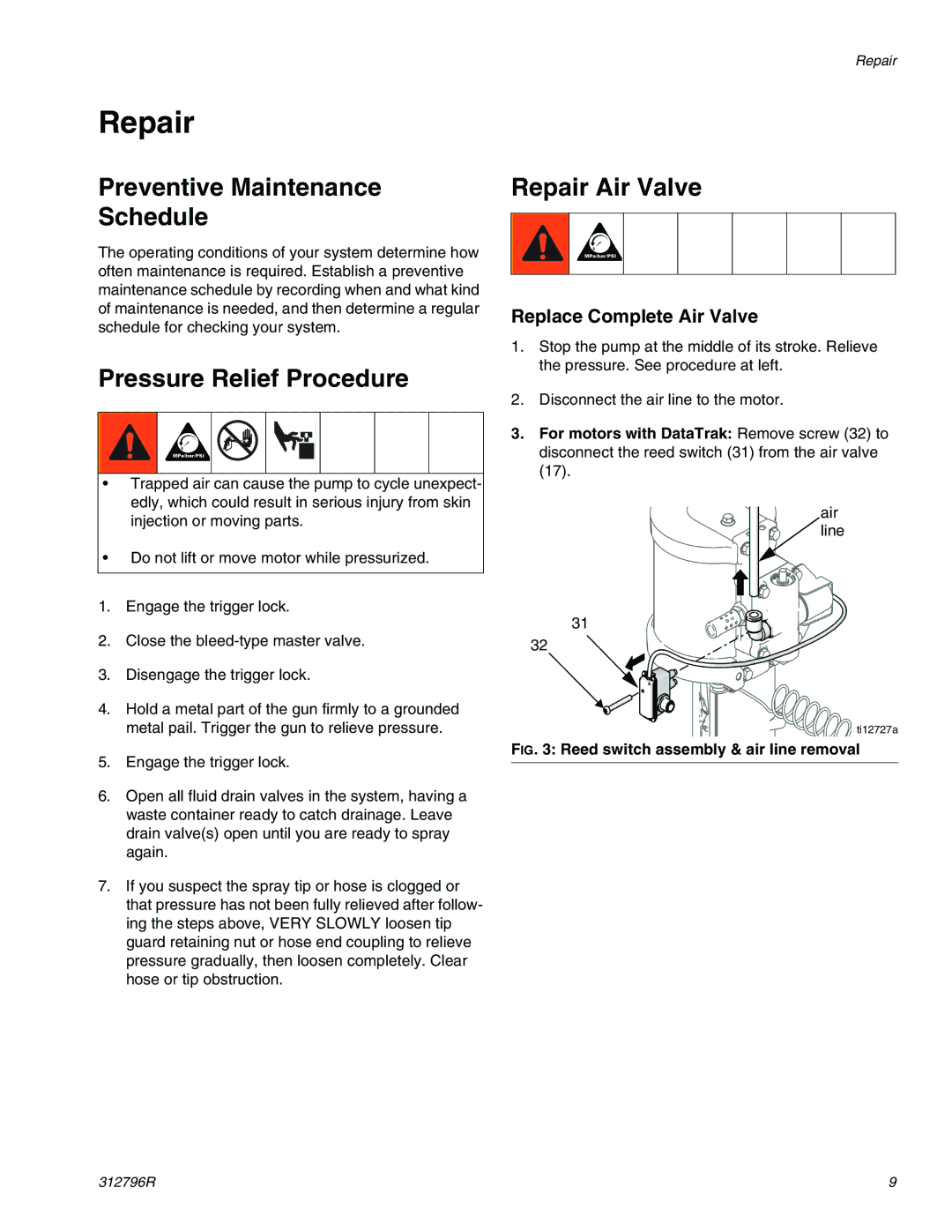 Graco M02xxx, M34xxx, M18xxx, M04xxx, M12xxx, M07xxx important safety instructions Repair, Replace Complete Air Valve 