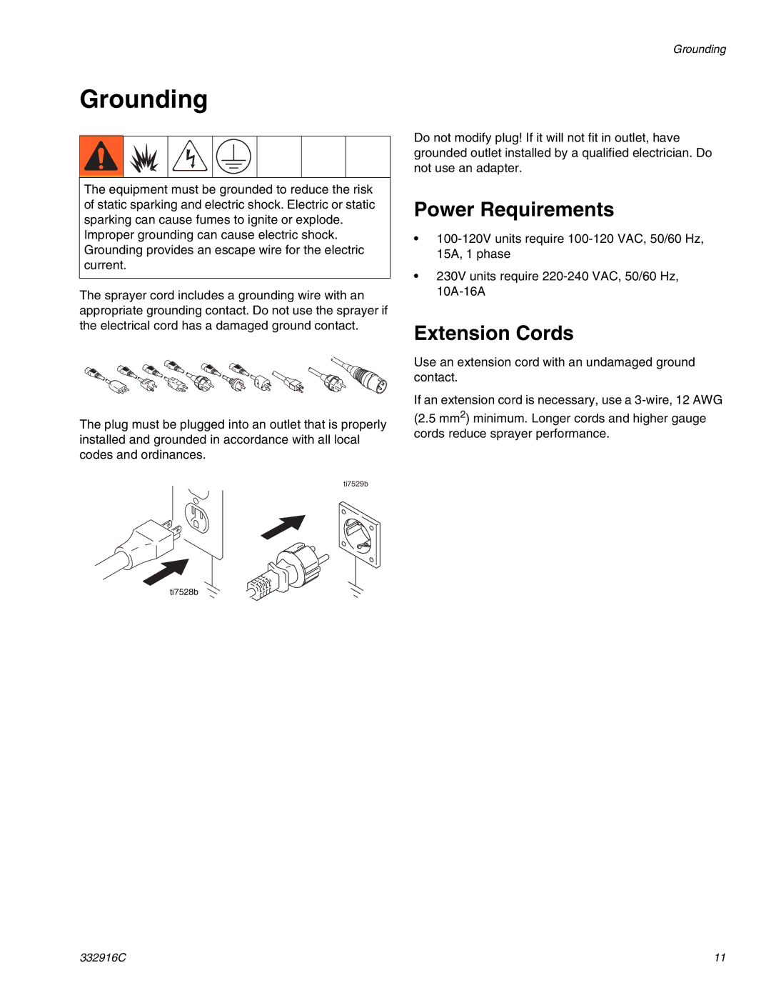 Graco Mark X, Mark VII, Mark IV, 795, 695, 1095, 1595 Grounding, Power Requirements, Extension Cords 