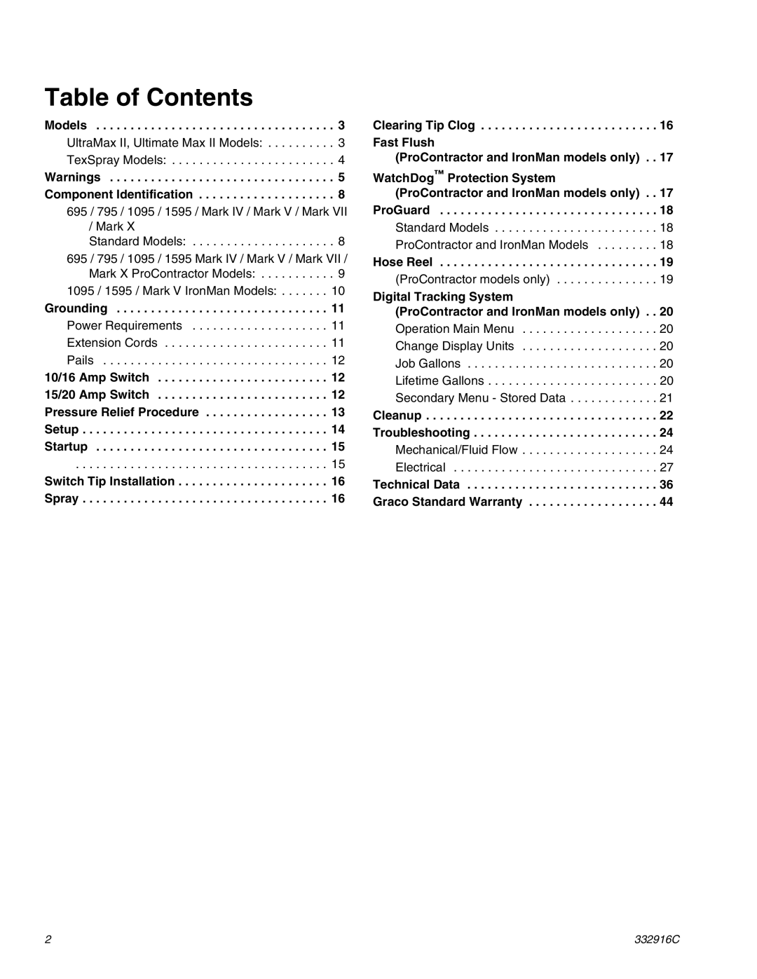 Graco Mark IV, Mark VII, Mark X, 795, 695, 1095, 1595 important safety instructions Table of Contents 