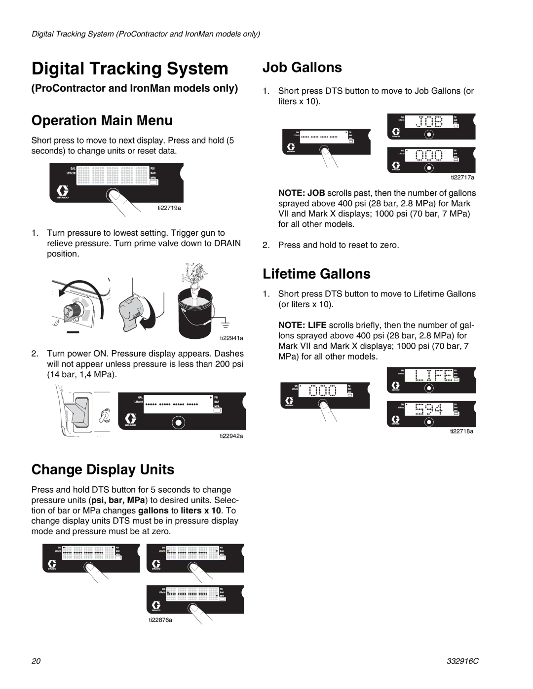 Graco 795, Mark V, Mark X Digital Tracking System, Operation Main Menu, Change Display Units, Job Gallons, Lifetime Gallons 