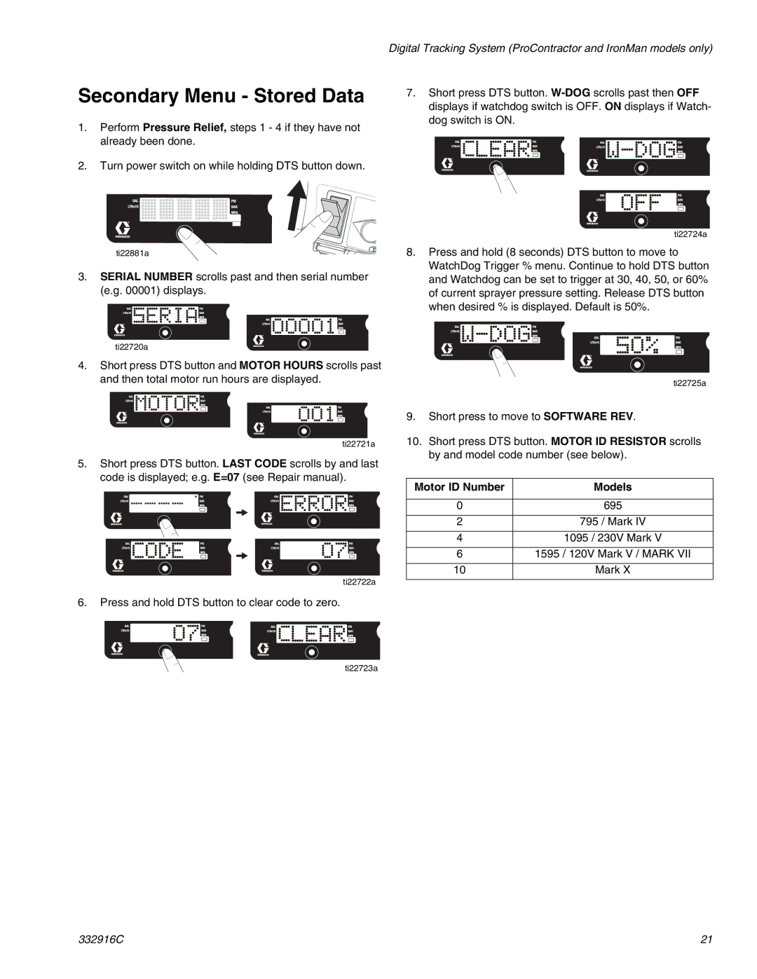 Graco 695, Mark VII, Mark IV, Mark X, 795, 1095 Secondary Menu Stored Data, Press and hold DTS button to clear code to zero 