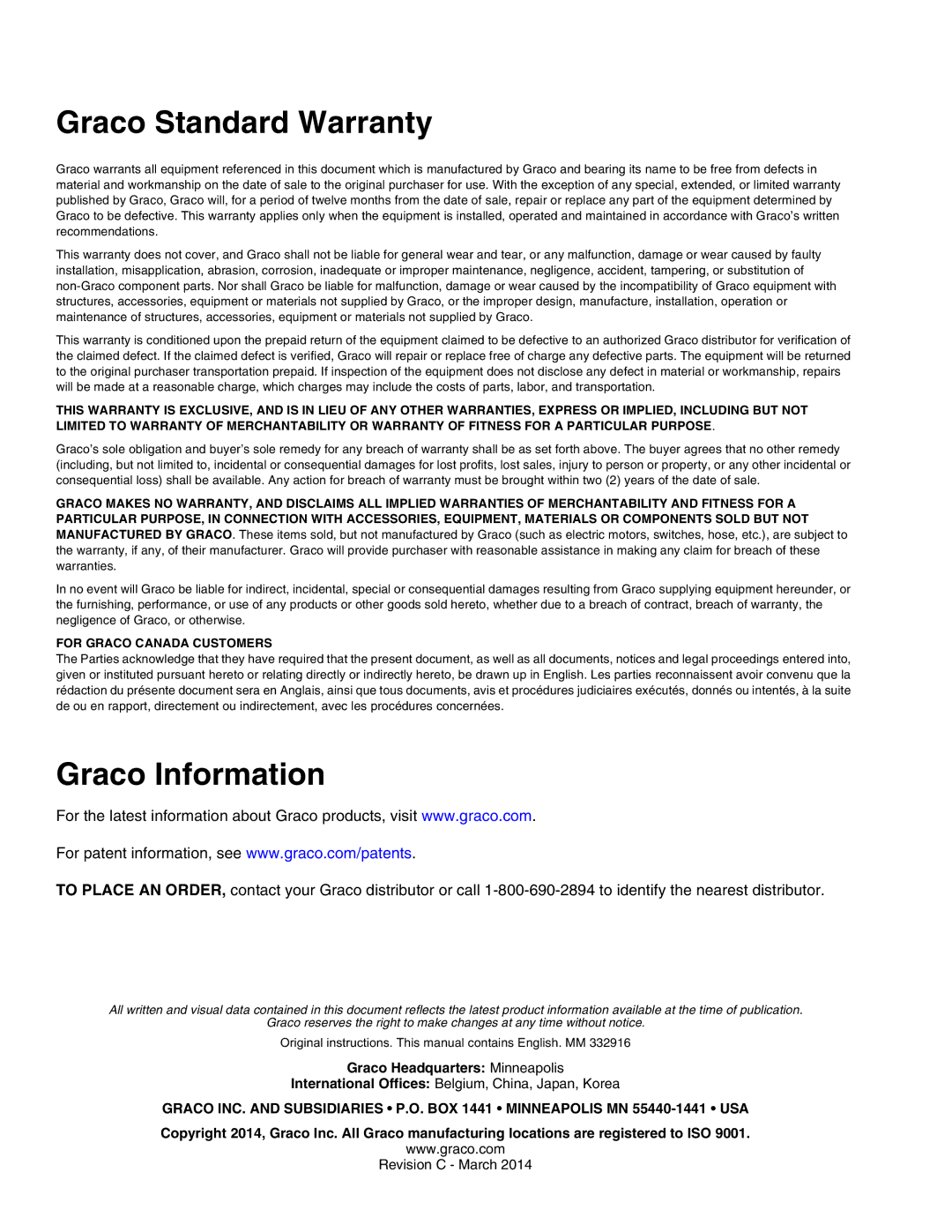 Graco 795, Mark VII, Mark IV, Mark X, 695, 1095, 1595 important safety instructions Graco Standard Warranty, Graco Information 