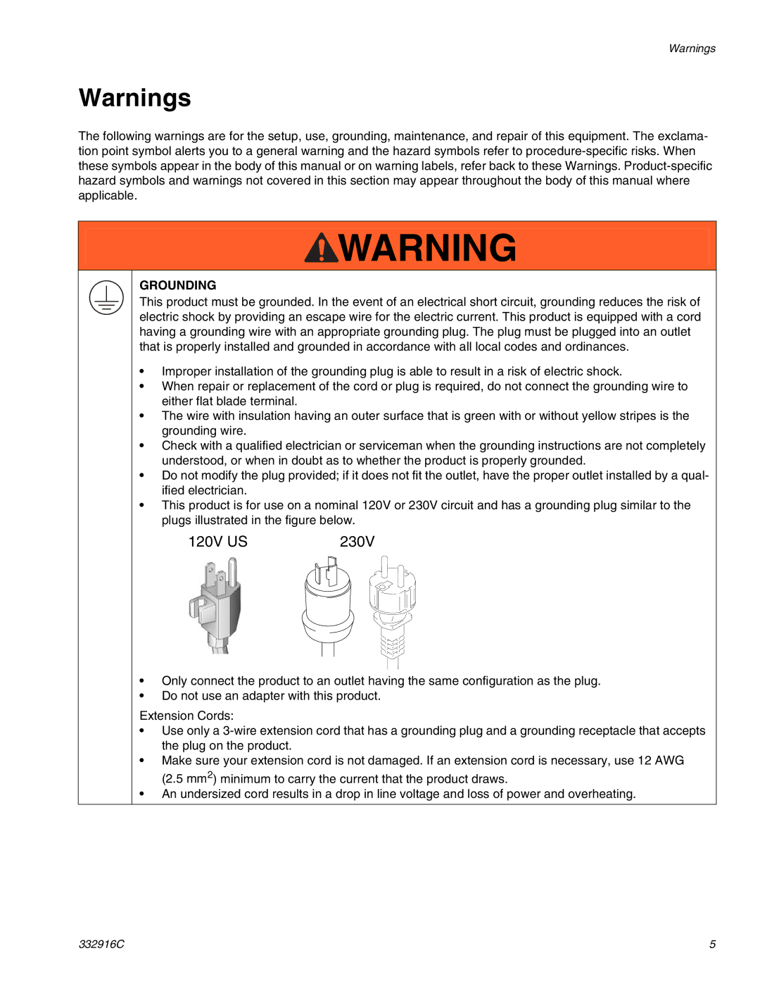 Graco 695, Mark VII, Mark IV, Mark X, 795, 1095, 1595 important safety instructions 120V US, Grounding 