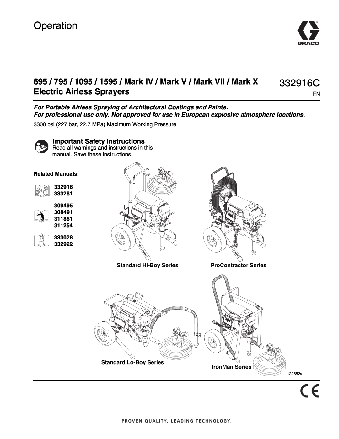 Graco Mark VII, 795 important safety instructions 332916C, Important Safety Instructions, 332922, Standard Hi-Boy Series 