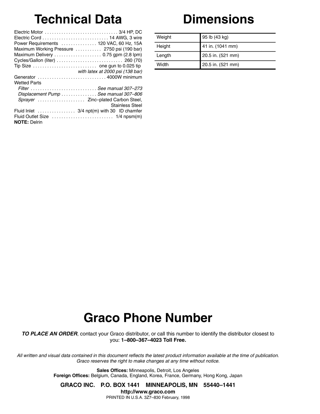 Graco Model 220856 Series D instruction manual Technical Data, Dimensions, Graco Phone Number, You 1-800-367-4023 Toll Free 