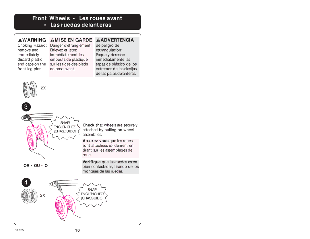 Graco Model Type 7479 manual Front Wheels Les roues avant Las ruedas delanteras, Mise EN Garde 
