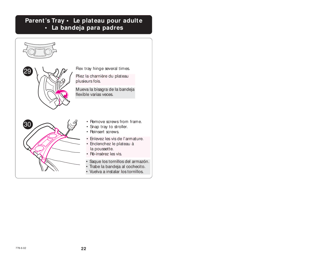 Graco Model Type 7479 manual Parent’s Tray Le plateau pour adulte La bandeja para padres 