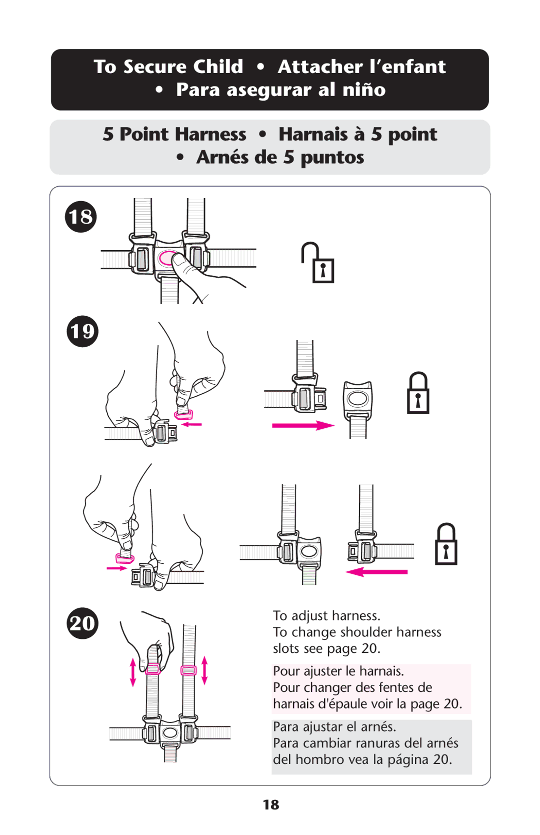 Graco None To Secure Child Attacher l’enfant Para asegurar al niño, Point Harness Harnais à 5 point Arnés de 5 puntos 