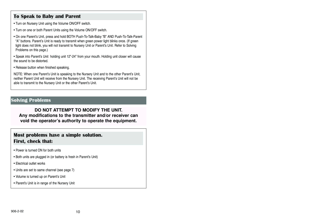 Graco Nursery Monitor manual To Speak to Baby and Parent, Solving Problems 