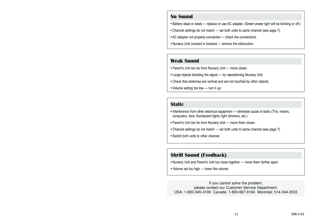 Graco Nursery Monitor manual No Sound, Weak Sound, Static, Shrill Sound Feedback 