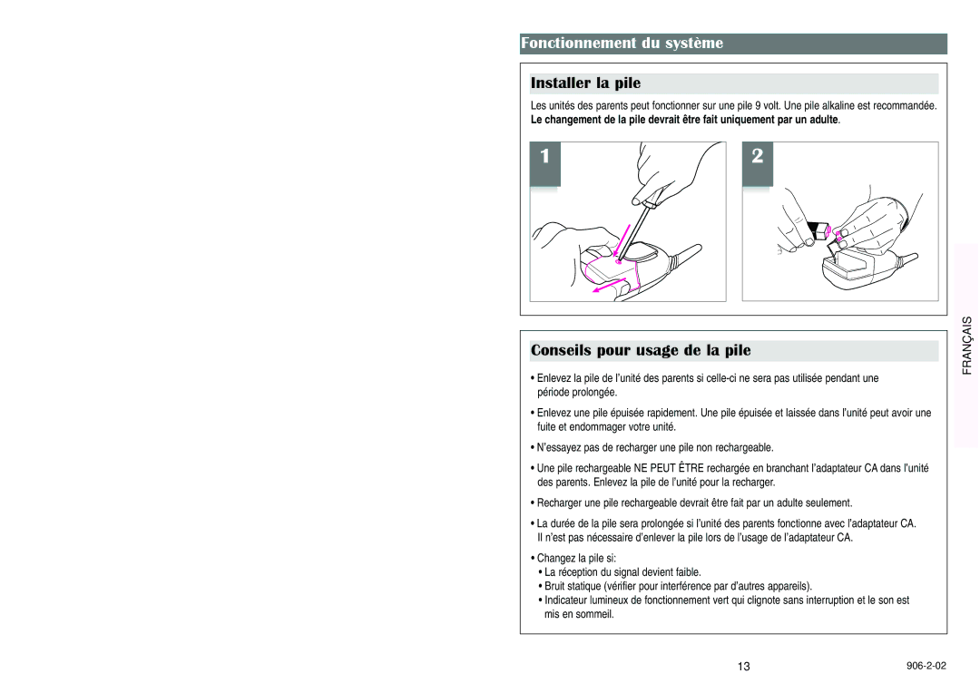 Graco Nursery Monitor manual Fonctionnement du système, Installer la pile, Conseils pour usage de la pile 