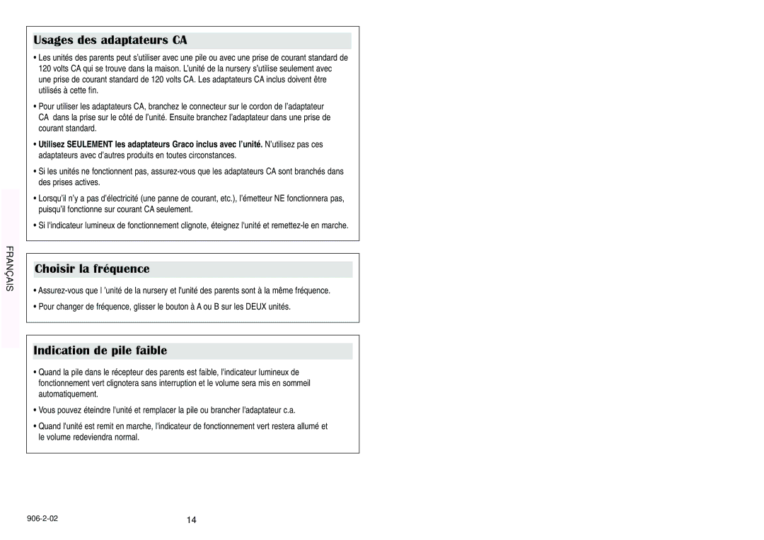 Graco Nursery Monitor manual Usages des adaptateurs CA, Choisir la fréquence, Indication de pile faible 