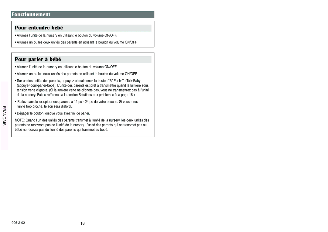 Graco Nursery Monitor manual Fonctionnement, Pour entendre bébé, Pour parler à bébé 