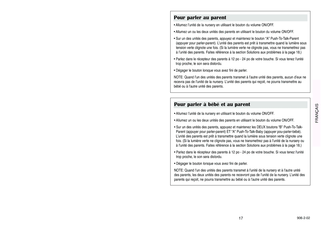 Graco Nursery Monitor manual Pour parler au parent, Pour parler à bébé et au parent 