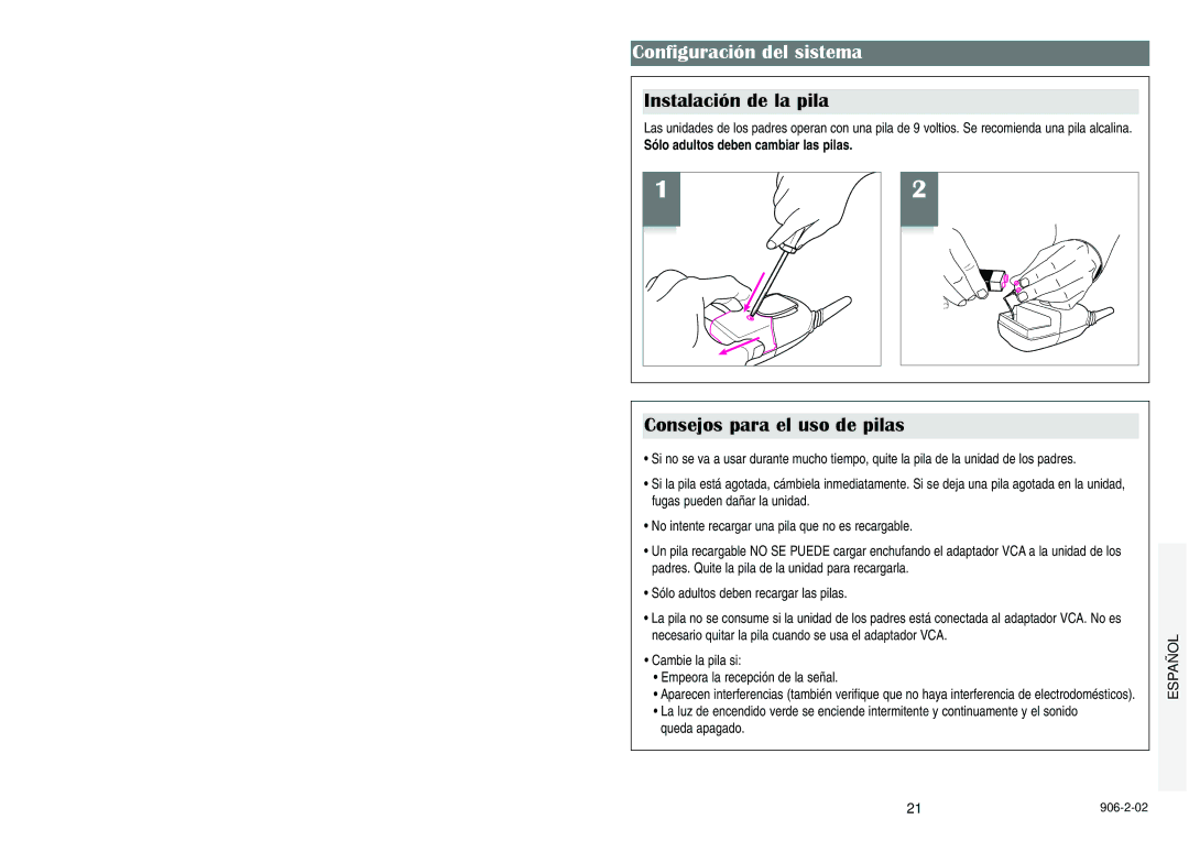 Graco Nursery Monitor manual Configuración del sistema, Instalación de la pila, Consejos para el uso de pilas 