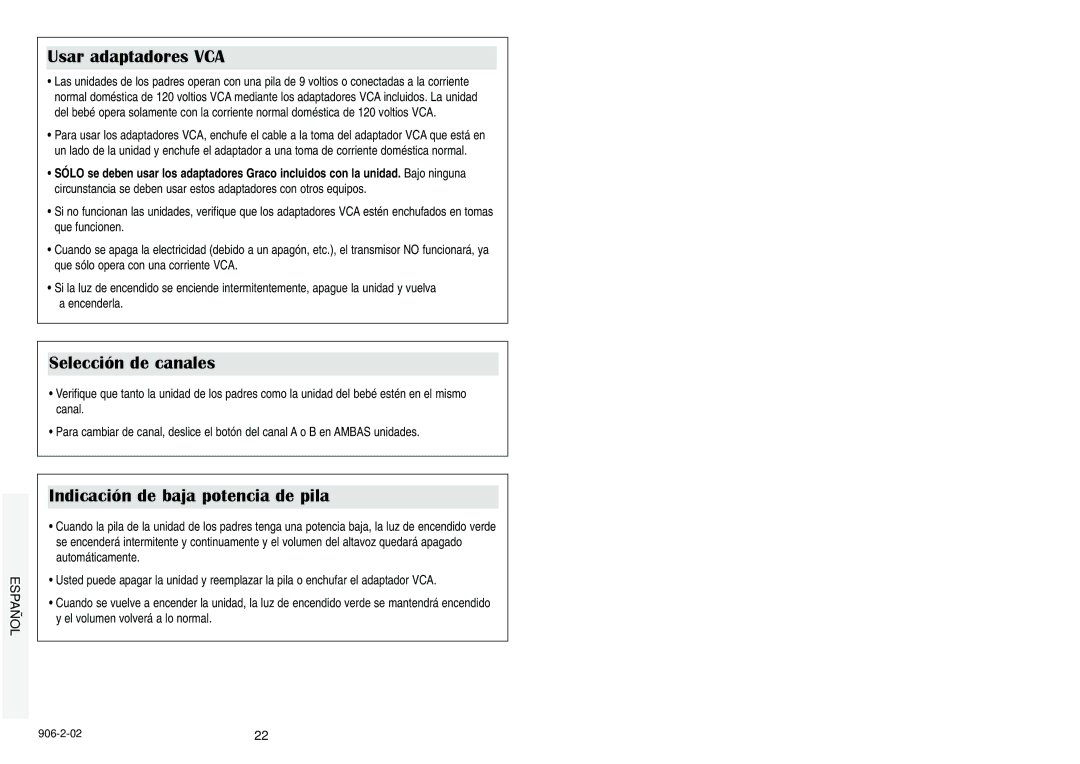 Graco Nursery Monitor manual Usar adaptadores VCA, Selección de canales, Indicación de baja potencia de pila 