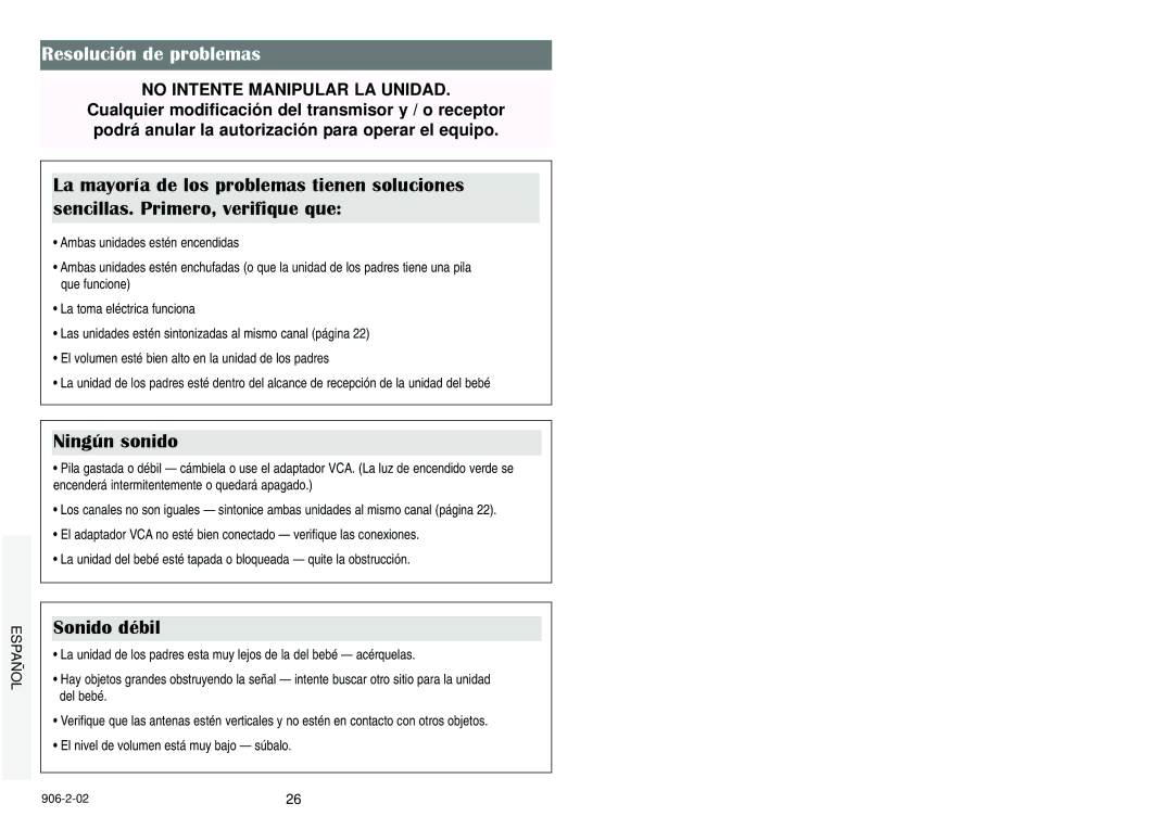 Graco Nursery Monitor manual Resolución de problemas, Ningún sonido, Sonido débil 