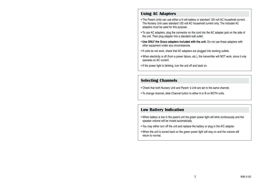 Graco Nursery Monitor manual Using AC Adapters, Selecting Channels, Low Battery Indication 