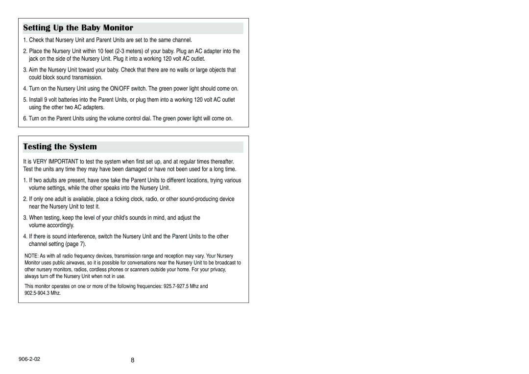 Graco Nursery Monitor manual Setting Up the Baby Monitor, Testing the System 