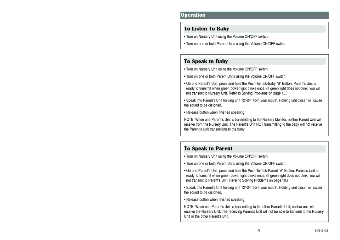 Graco Nursery Monitor manual Operation, To Listen To Baby, To Speak to Baby, To Speak to Parent 