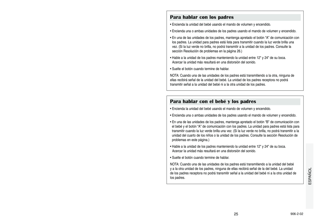 Graco Nursery Monitor manual Para hablar con los padres, Para hablar con el bebé y los padres, Español 