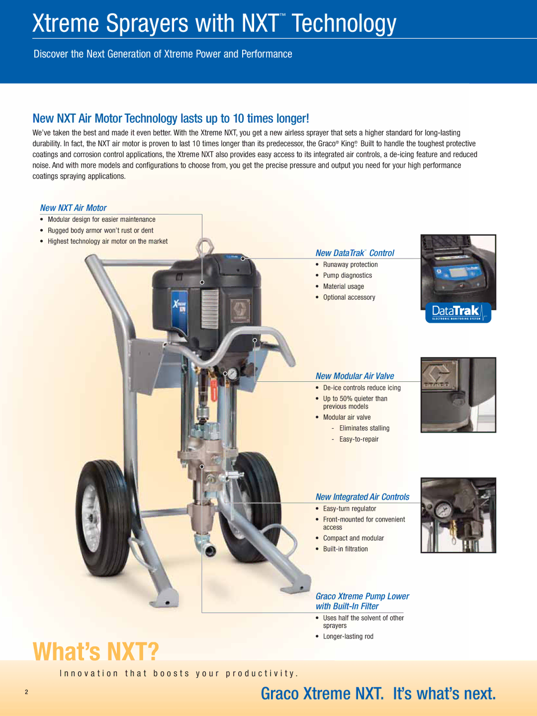 Graco X80, X55, X50, X70, X60 Xtreme Sprayers with NXT Technology, New NXT Air Motor Technology lasts up to 10 times longer 