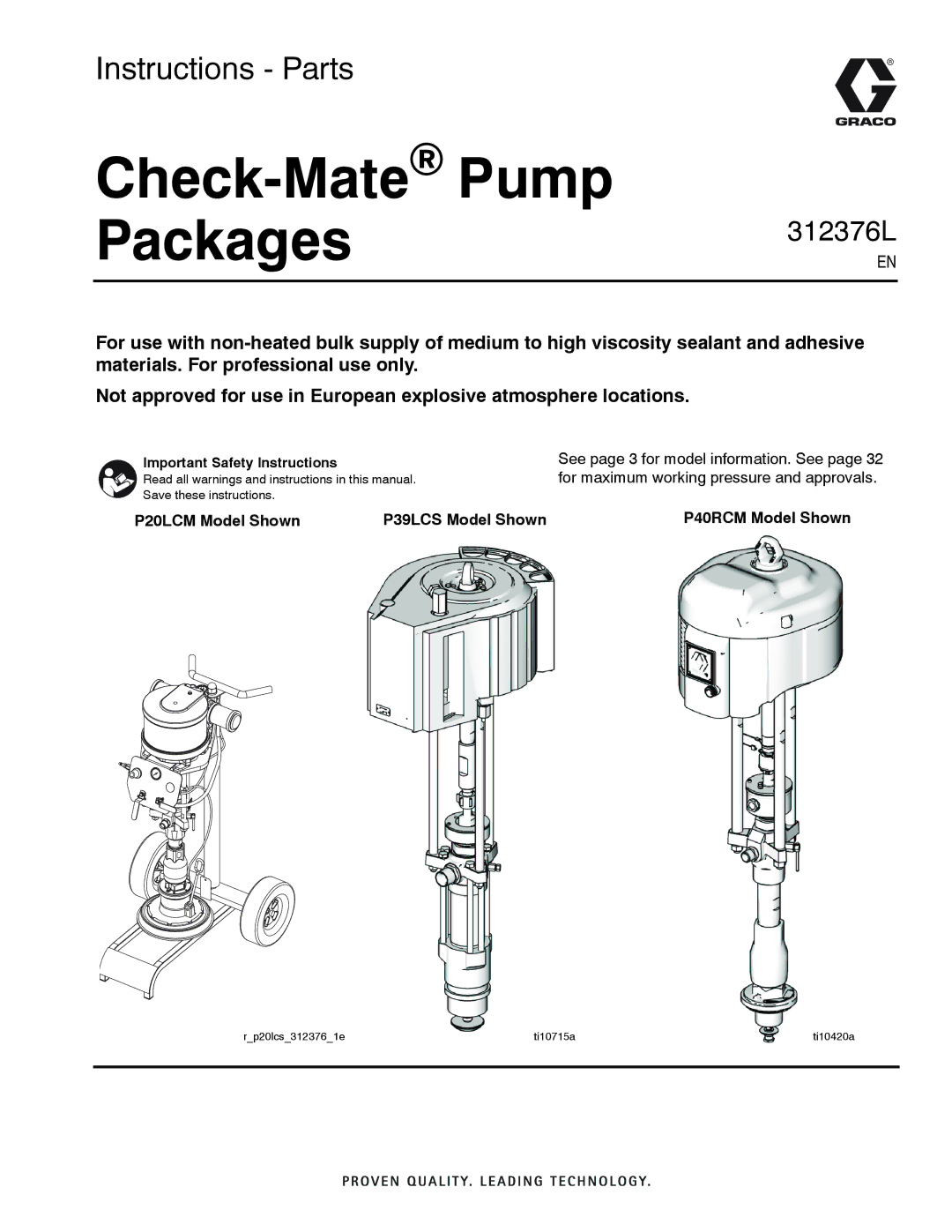 Graco P40RCM, P39LCS, P20LCM important safety instructions Check-MatePump Packages 