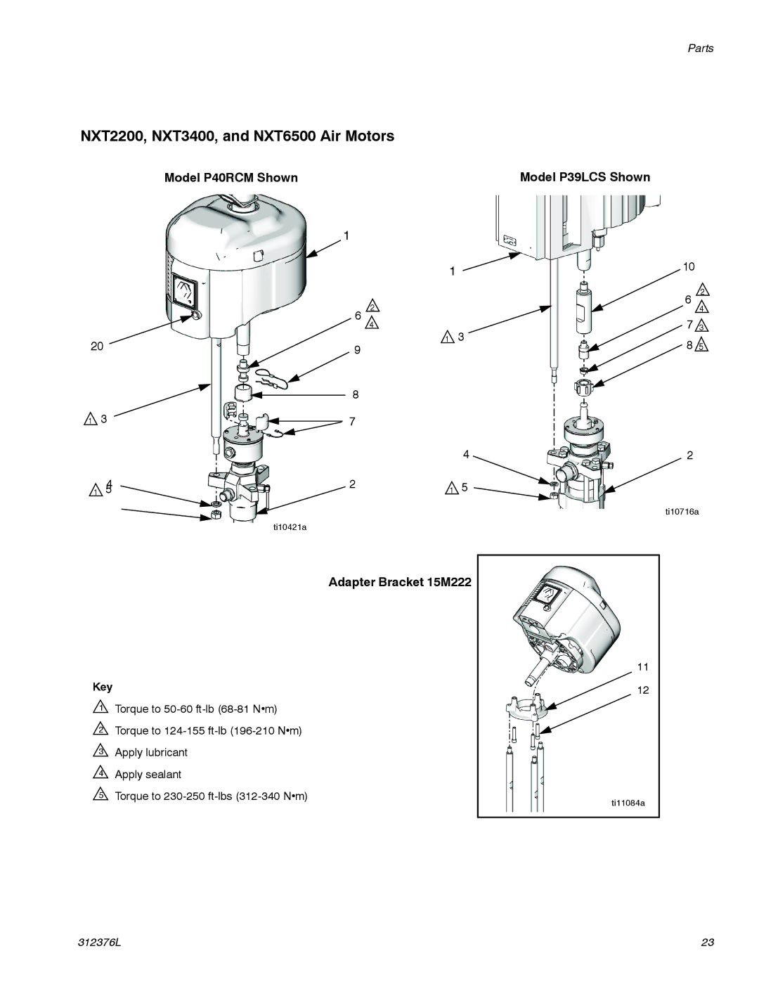 Graco P20LCM NXT2200, NXT3400, and NXT6500 Air Motors, Model P40RCM Shown, Adapter Bracket 15M222, Model P39LCS Shown 