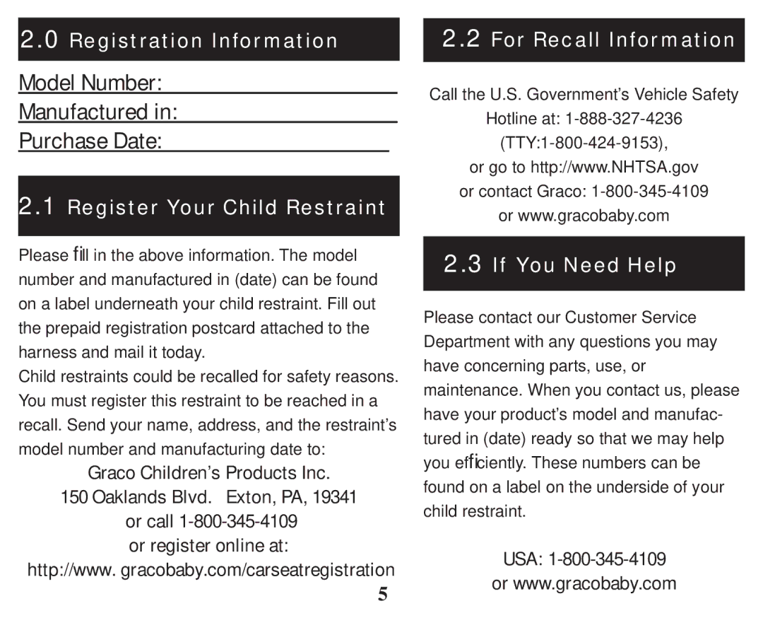 Graco PD101777B owner manual Model Number Manufactured Purchase Date, Usa 