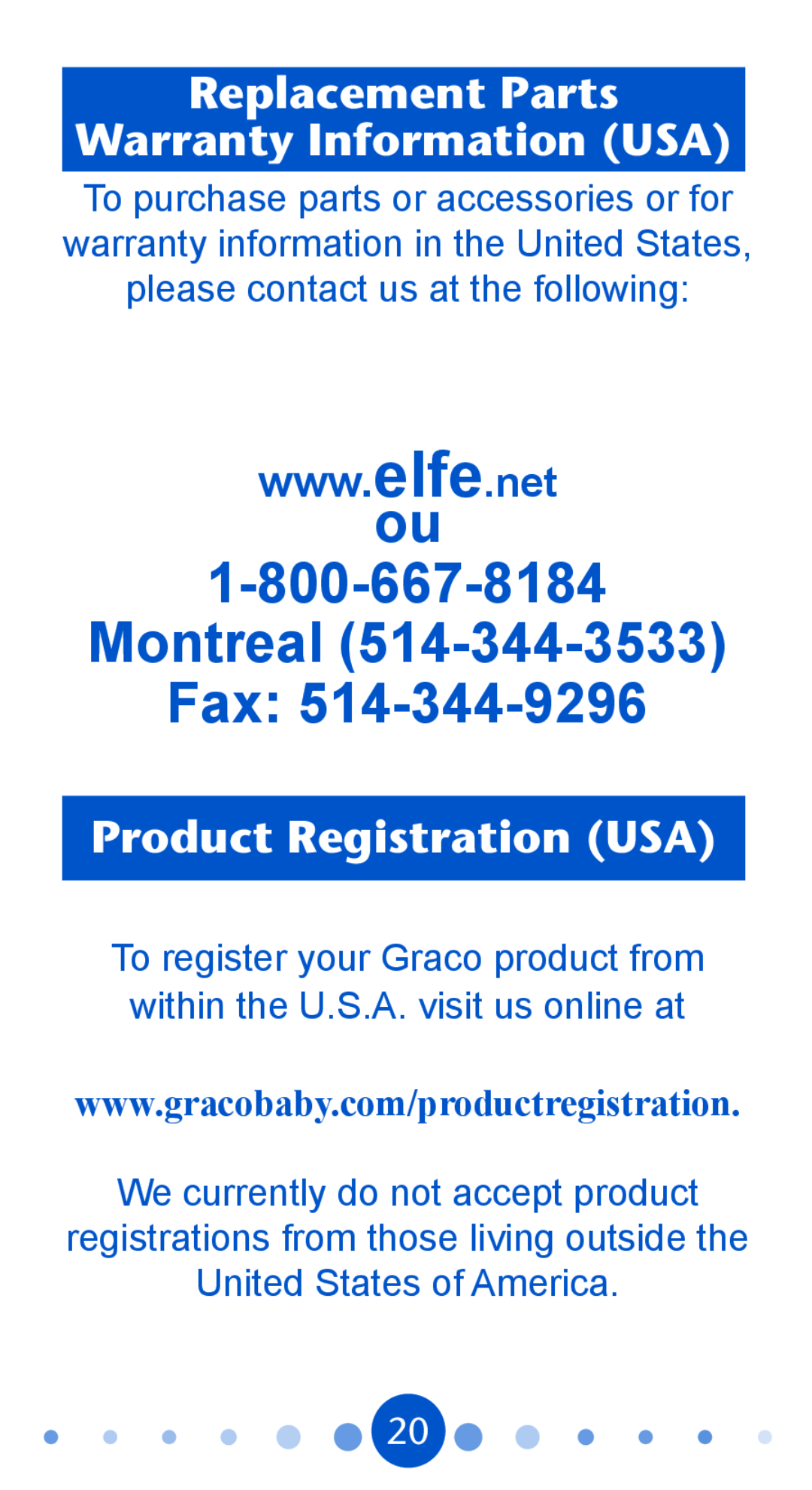 Graco PD104815A, 1750365 owner manual Montreal Fax, Replacement Parts Warranty Information USA, Product Registration USA 