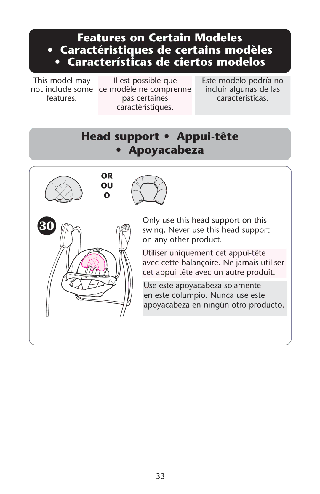 Graco 1751553, PD105033A, 1751536, 1750853 owner manual Head support Appui-tête Apoyacabeza 