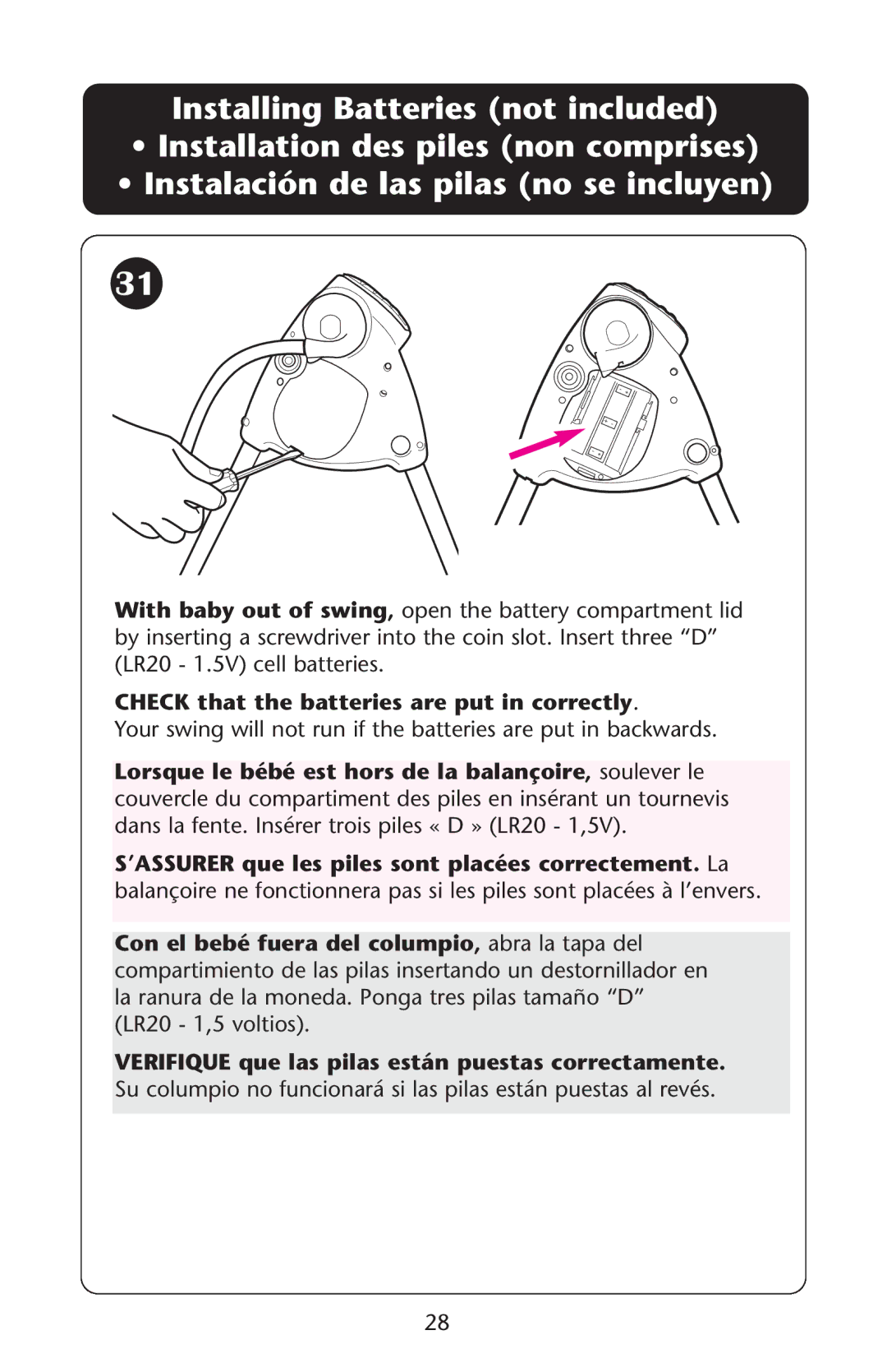 Graco PD105037A owner manual Check that the batteries are put in correctly 