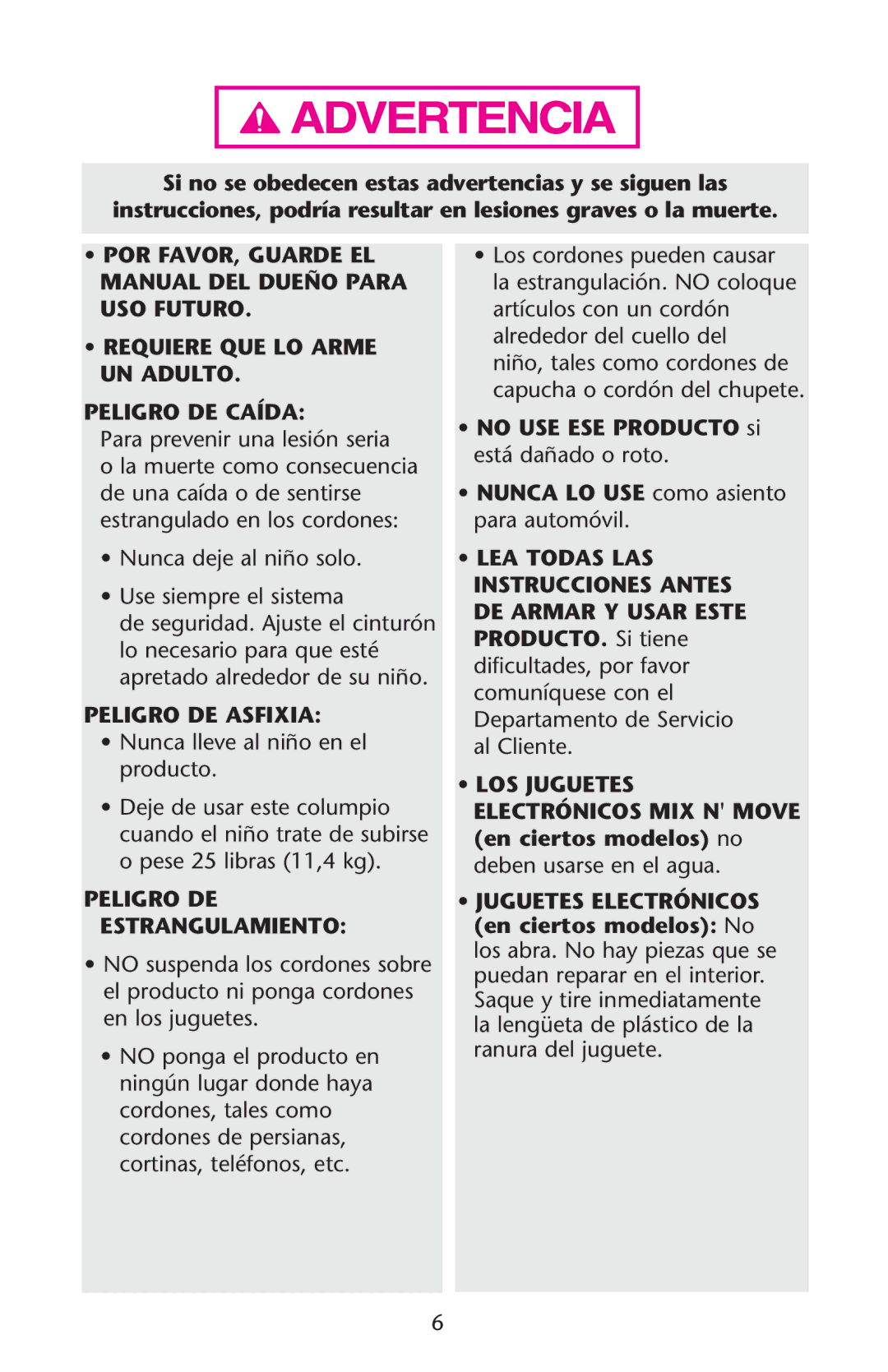 Graco PD105037A owner manual Peligro DE Asfixia, Peligro DE Estrangulamiento 